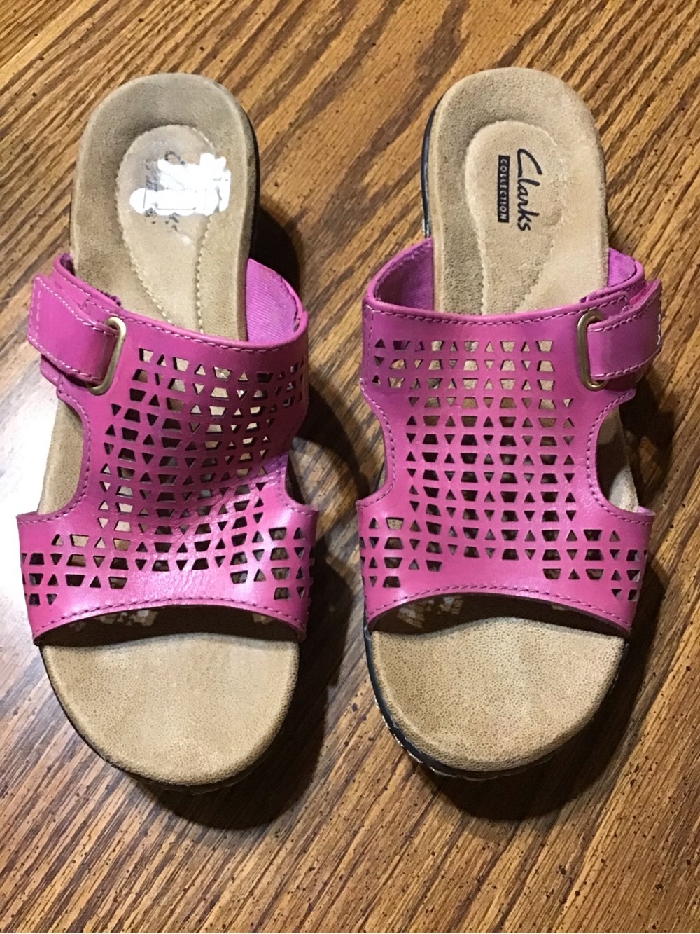 Clarks Hot Pink Laser-Cut Leather Slide Sandals